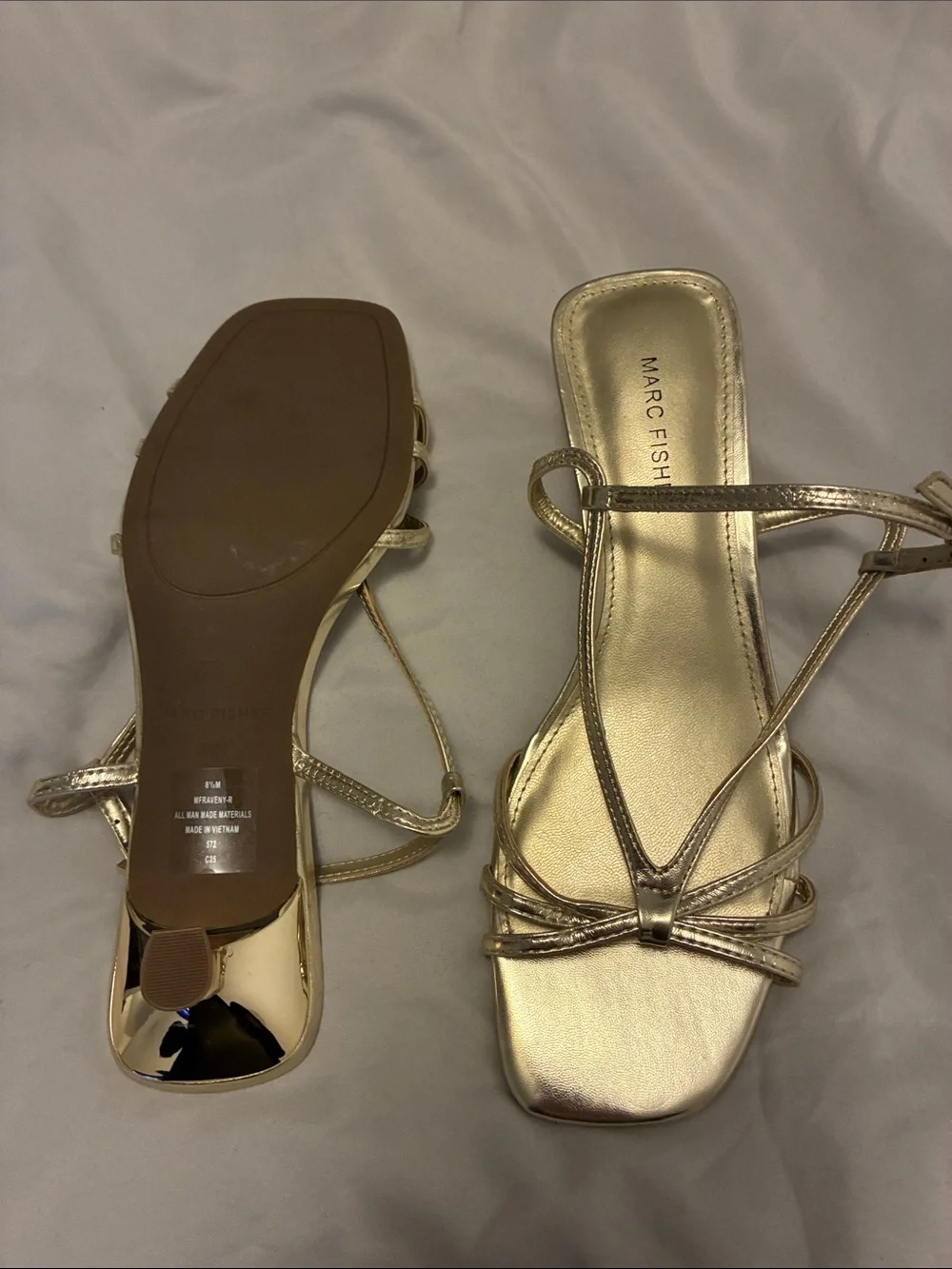 Marc Fisher Metallic Gold Strappy Square-Toe Kitten Heel Sandals